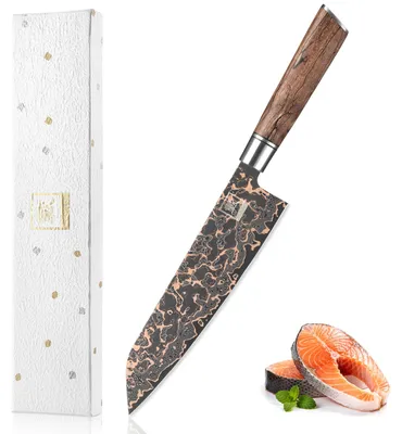 Produktbild von Zayiko ShadowMagma Damast Kiritsuke I 20,5 cm Klinge mit Kupfer- und Bronze-Einlage I Griff aus Apfelwurzelholz