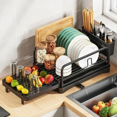 Immagine prodotto di Organizer da cucina in acciaio con griglia sgocciolatoio estraibile e portaposate