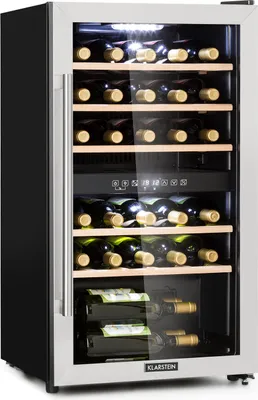 Produktbild von Klarstein Weinkühlschrank, Getränkekühlschrank Schmal, Kühlschrank mit Glastür, Getränkekühlschränke Freistehend, Weinkühlschrank Klein, Weinkühlschränke 2 Zonen, UV-Schutz, 5-22 °C, 29 Flaschen