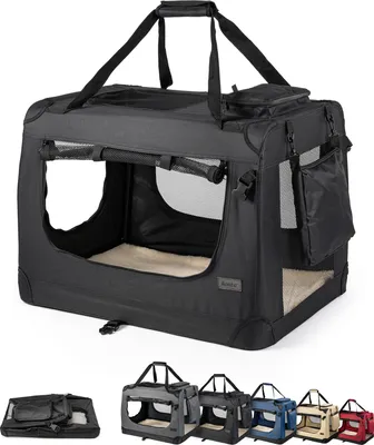 Produktbild von lionto Stoff-Katzentransportbox faltbar, belüftete Transportbox mit Reißverschluss-Zugängen & weichem Innenkissen, 60x42x44 cm, schwarz