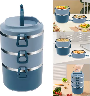 Zdjęcie produktu dla 3-warstwowy, sztaplowany pojemnik na lunch ze stali nierdzewnej, pojemnik na lunch, izolowany pojemnik na żywność, niebieski