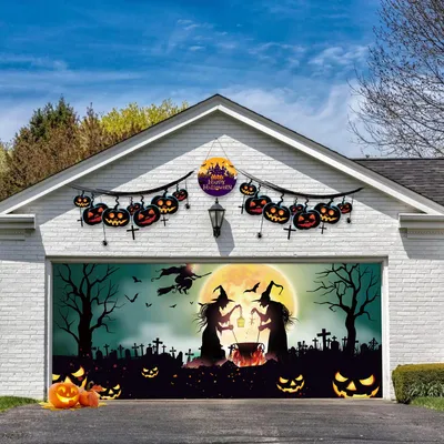 Produktbild von Gruseliger 400x185cm Halloween Garagentor-Banner mit Kesselszene - Dekoration für Draußen/Drinnen für Partys