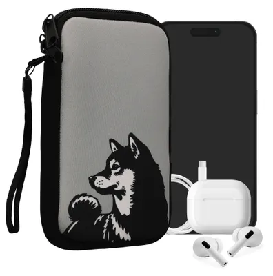 Produktbild von kwmobile Handytasche für Smartphones L - 6,5" - Neopren Handy Tasche Hülle Cover Case Schutzhülle - Shiba Hund Schwarz Weiß Grau - 16,5 x 8,9 cm
