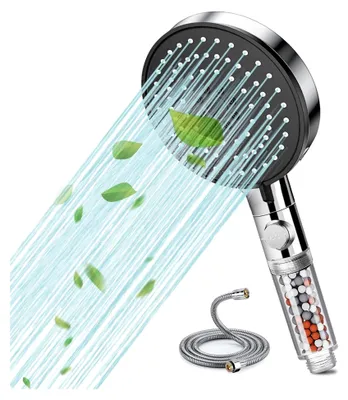 Produktbild von Duschkopf mit Filter und Hochdruck, Handbrause mit 2m Schlauch und 5 Strahlarten, wassersparende Handbrause mit Stoppfunktion, geeignet für hartes Wasser, Rest-Chlor und Schwermetalle
