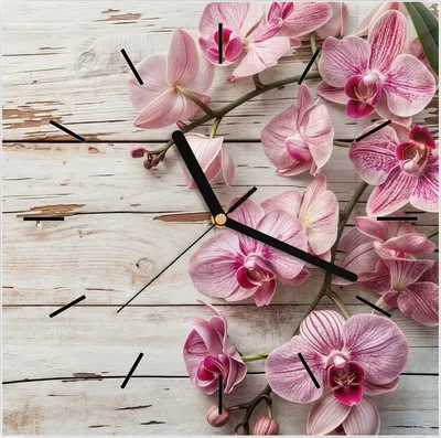 Produktbild von Wanduhr aus Glas mit Motiv Orchideen auf Holz- 30 x 30 cm - inkl. Aufhängesystem