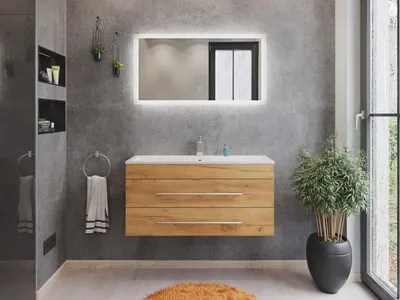 Produktbild von Badmöbel Mars 1000 2-teilig mit LED Spiegel SlimLine eiche gold : Eiche Gold Varianten: Eiche Gold