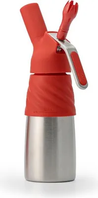 A red and silver whipped cream dispenser is shown against a white background.