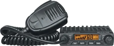 A black Albrecht AE 6110 VOX Mini-CB radio with a microphone attached by a coiled cord, set against a white background.