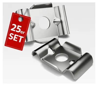 Produktbild von 25x Doppelstabmattenzaun Befestigungszubehör Typ Butterfly aus V2A. Zaunhalter aus Edelstahl zur Zaunbefestigung.