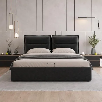 Obrázok produktu pre Flieks Čalúnená posteľ 140x200 cm s lamelovým rámom, hydraulická posteľ Boxspring so zásuvkou a úložným priestorom, úložná posteľ Velvet Double Bed Youth Bed