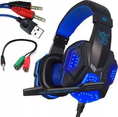 A gaming headset with blue LED lights and its various connection cables.