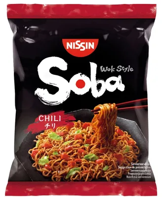 Zdjęcie produktu dla Nissin Soba Chili, Błyskawiczna z kluskami typu noodle, 111 g, Olejek chili, 5 min, 194 kcal, 812 kJ
