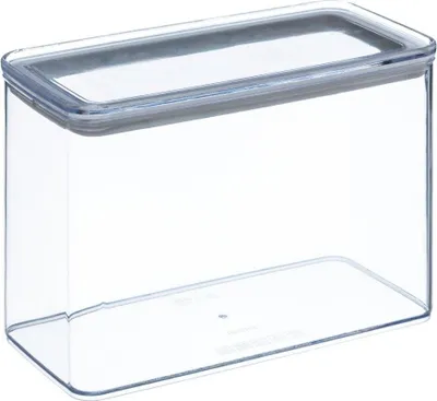 A clear plastic food storage container with a gray lid.