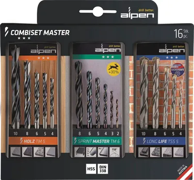 Zdjęcie produktu dla Zestaw wierteł Alpen Master Wood Stone Metal Sprint Master Profi 16 szt