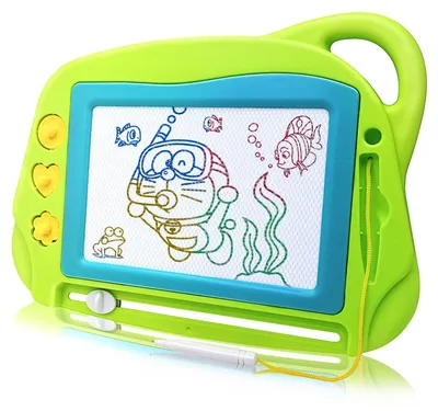 Imagen del producto de Pizarra magnética de tamaño de viaje. Juguete creativo y ligero, ideal para niños. Incluye 3 sellos y un bloc de dibujo