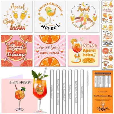 Produktbild von Aperol Spritz glas accessoires, 12 stuks, rietjes en onderzetters, inklusive Gläsern, mit Glasetiketten, für Damen und Herren, Partydekoration