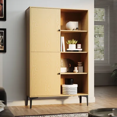 A modern wooden display cabinet with two doors and open shelving, filled with decorative items and books, in a well-lit room.