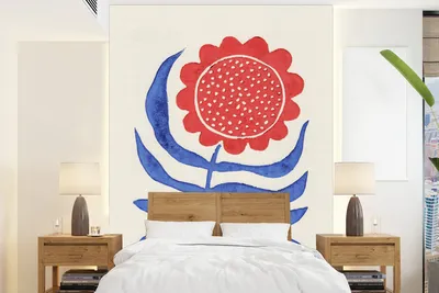Produktbild von MuchoWow® Fototapete für Wohnzimmer oder Schlafzimmer Wandtapete Vinyl Motivtapete Blume - Pflanze - Rot - Blau - 195x260 cm - Wandbild