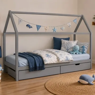 Produktbild von Homestyle4u Kinderbett 90x200 mit Matratze mit ® Standard 100 Kinderhaus Hausbett Grau mit Bettkasten
