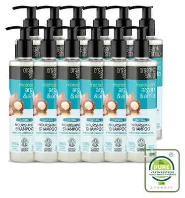 Image de 12 flacons de shampooing naturel nourrissant Argan & Amla, marque Organic Shop, 280 ml - Lot de 12