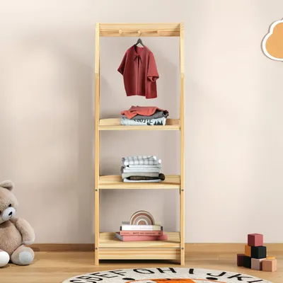 Produktbild von Kinder Regal SALLY Hausform, natur - Montessori Kinderregal mit 3 Ablageböden, praktische Haken zur Organisation. Regale Kinderzimmer, Kindermöbel, Kindergarderobe
