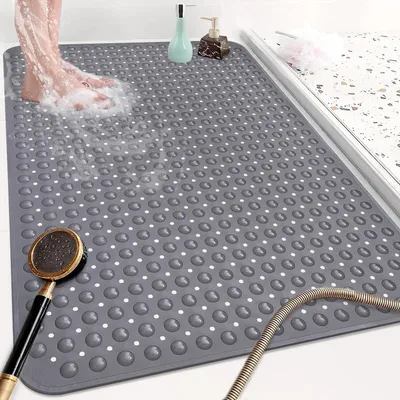 Zdjęcie produktu dla Mata pod prysznic antypoślizgowa, szara, 120x80 cm, wykonana z TPE, z przyssawkami i otworami odpływowymi
