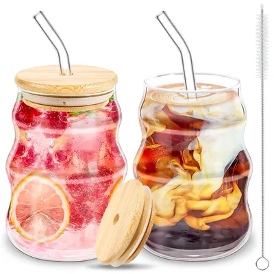 Image de Ensemble de 2 verres pour café glacé, avec couvercles en bambou et pailles en verre