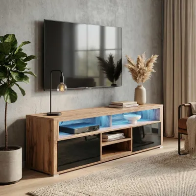 Produktbild von BEAUTYSOFA | TV-Schrank BELLA 140 cm mit LED | mit 2 Türen und offenem Regal | Fernseherschrank | Wohnzimmerschränke | Schwarz + Wotan | Modern Stil