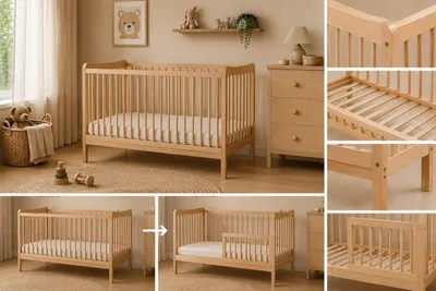 Image de Lit bébé Sasha 120x60 cm en Bois de hêtre, Transformable en lit Junior avec barrière de sécurité,  en 716, réglable en Hauteur sur 3 Positions