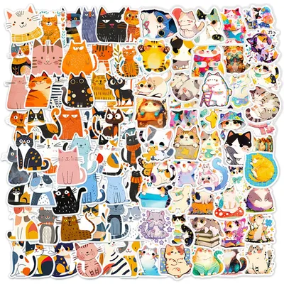 Katzen-Sticker-Set, 100 Stück, bunt, 4-8 cm, wasserdicht, Vinyl
