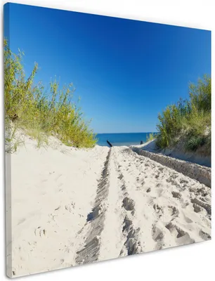 Produktbild von Wallario Premium Leinwandbild Auf dem Sandweg zum Strand - Blauer Himmel über dem Meer in Größe 50 x 50 cm
