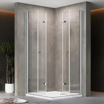 Produktbild von Falttür Duschkabine 90x100x185cm Eckeinstieg Silber Duschabtrennung Faltbar Eckdusche ESG GLAS Komplett Dusche Faltdusche Mit Duschwanne
