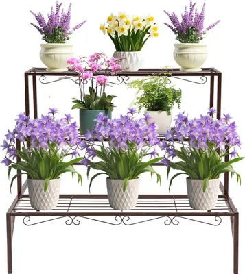Image de Support pour plantes Étagère à fleurs - Étagère à 3 niveaux - Fer - Autoportante - Intérieur/extérieur - Jusqu'à 20 kg par tablette - Champagne
