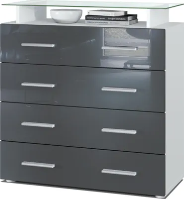 Produktbild von Vladon Sideboard Pavos V2, Kommode mit 4 Schubladen und Glasablage, Weiß matt/Grau Hochglanz (76 x 81 x 35 cm)