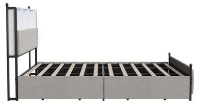 Obrázok produktu pre Postel s čalúneným rámom - manželská posteľ 180 x 200 cm - 4 zásuvky - čalúnená opierka s úložným priestorom - rošt - poťah z velúru - béžová