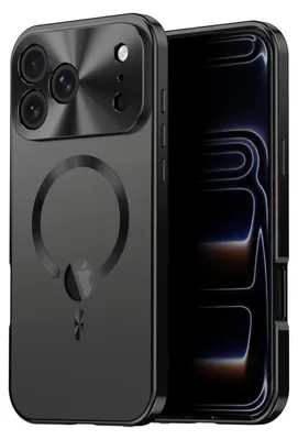 A black iPhone case with a magnetic ring and camera protection is shown.