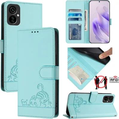 Produktbild von Leder Hülle für Tecno Camon 19 Neo Süße Katze Flip Case Brieftasche Schutzhülle mit Standfunktion hellgrün
