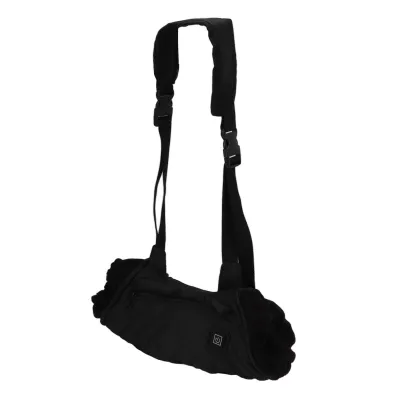 A black heated hand warmer with straps, shown against a white background.