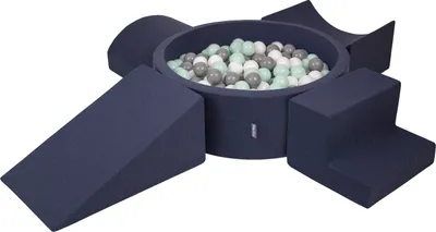 Obrázok produktu pre KiddyMoon Mäkké penové ihrisko pre deti s guľatým loptičkovým ihriskom (300 ∅ 7 cm) s mäkkými prekážkami a loptičkovým bazénom,  vyrobené v EÚ, Tmavomodrá:Biela/Grey/Mäta, Verzia 5
