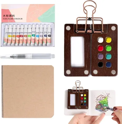 Productafbeelding van Mini Waterverfset, 12 kleuren, inclusief schetsboek en kwast, voor kunstenaars, studenten, creatief reizen