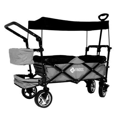 Produktbild von FINOOS Bollerwagen faltbar mit Dach Handwagen Transportwagen | inkl. 2X 3-Punkt Gurtsystem | Vollgummi-Reifen | klappbar | bis 100 kg | Vorder- und Hinter-Bremse + Tragetasche (Grau)