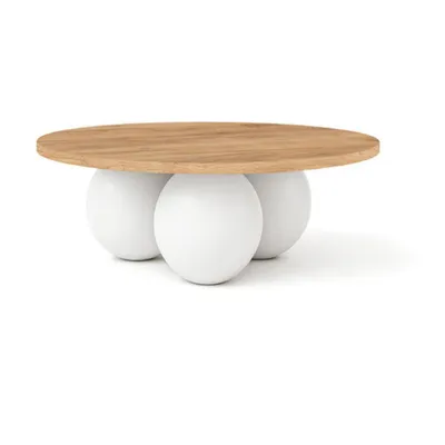 A round wooden coffee table with three white spherical legs, presented on a white background.
