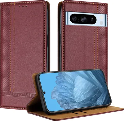 Produktbild von Handyhülle für Google Pixel 8 Pro Leder Flip Klappbare Schutzhülle mit Standfunktion Dunkelrot