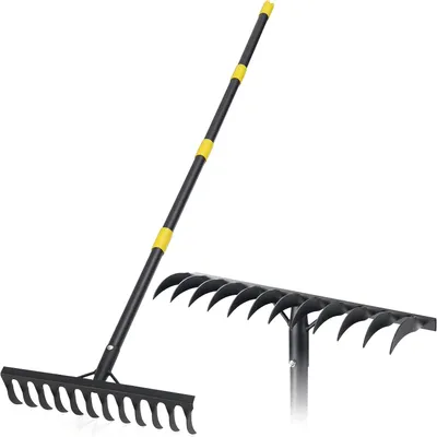 Obrázok produktu pre Robustná, 189 cm dlhá kovová hrable s 12 zubami, záhradné hrable s dlhou násadou na uvoľňovanie pôdy, vyrovnávanie terénu, trávnikov a poľnohospodárskej pôdy, čierne