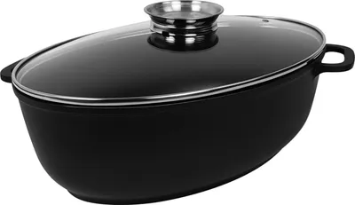 A black oval-shaped pot with a glass lid and silver accents.