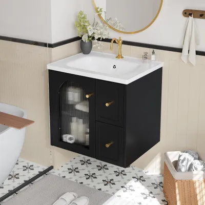 Image de Meuble de salle de bains moderne avec vasque en céramique, éclairage LED et porte en verre strié, meuble bas à fermeture amortie, poignées métalliques, noir