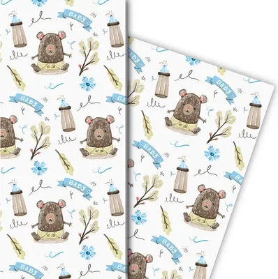 Produktbild von Niedliches Baby Geschenkpapier mit Bärchen und Fläschchen, hellblau - G8082, 32 x 48cm
