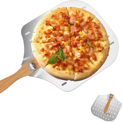 Produktbild von Pizzaschaufel, 12 Zoll Pizzaschieber aus Edelstahl, perforiert Design, Pizzaheber mit abnehmbarer Holzgriff, Silber