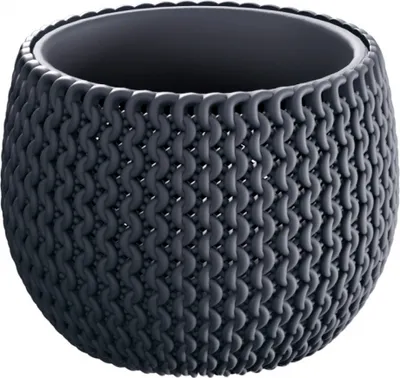 A dark gray planter with a knitted texture.
