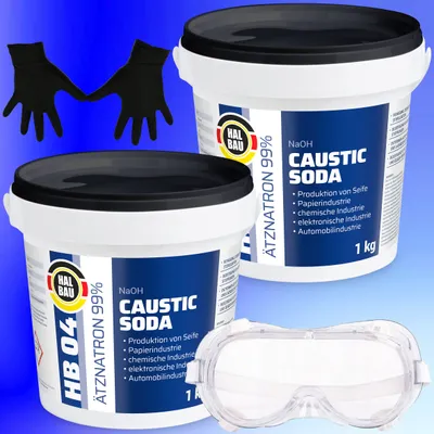 Produktbild von Ätzsoda Rohrreiniger 2x1kg Eimer Abflussfrei kaustisches Soda Natronlauge + Schutzbrille + Nitrillhandschuhe Arbeitskomfort Set HB04